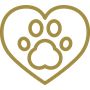 Ein goldener Umriss in Form eines Herzens mit einem Pfotenabdruck im Inneren, der die Liebe zu Tieren symbolisiert - perfekt für das Aurora Tierkrematorium, wo jeder Abschied den geliebten Gefährten ehrt. Aurora Tierkrematorium