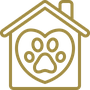 Umriss eines Hauses in Herzform mit einem Pfotenabdruck im Inneren, der die Pflege von Haustieren oder ein Tierheim wie das Aurora Tierkrematorium symbolisiert. Aurora Tierkrematorium