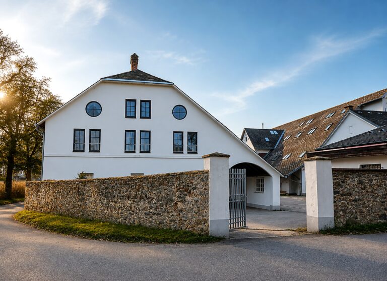 Ein weißes Bauernhaus mit runden Fenstern und einer umlaufenden Steinmauer bei Sonnenuntergang. Aurora Tierkrematorium